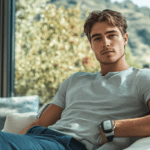 Un jeune homme mesurant sa tension avec le Braun ExactFit 3 Tensiomètre de bras dans son salon moderne, avec une grande baie vitrée en arrière-plan.