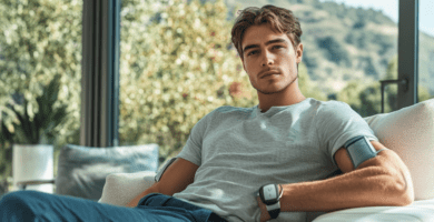 Un jeune homme mesurant sa tension avec le Braun ExactFit 3 Tensiomètre de bras dans son salon moderne, avec une grande baie vitrée en arrière-plan.