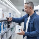 Homme de 40 ans choisissant un tensiomètre poignet fiable Thomson dans un magasin.