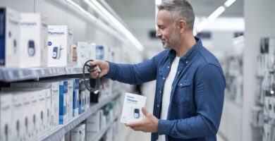 Homme de 40 ans choisissant un tensiomètre poignet fiable Thomson dans un magasin.