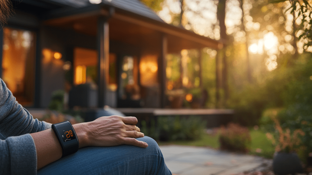 Lecture de la tension artérielle avec le tensiomètre Beurer BC 27, en extérieur sur un patio.
