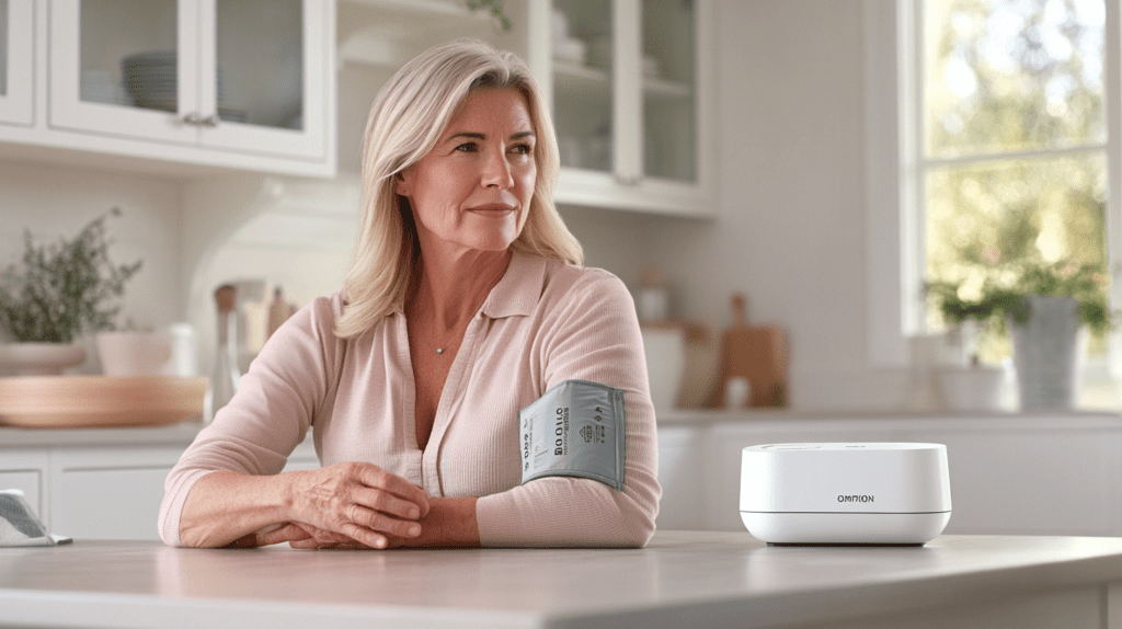 Femme de 50 ans utilisant le tensiomètre OMRON X2 Basic chez elle pour mesurer sa tension artérielle, mettant en avant la praticité et la simplicité d'utilisation de cet appareil.