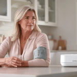 Femme de 50 ans utilisant le tensiomètre OMRON X2 Basic chez elle pour mesurer sa tension artérielle, mettant en avant la praticité et la simplicité d'utilisation de cet appareil.