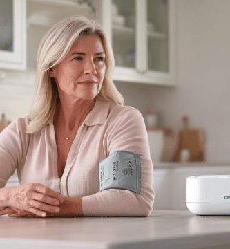 Femme de 50 ans utilisant le tensiomètre OMRON X2 Basic chez elle pour mesurer sa tension artérielle, mettant en avant la praticité et la simplicité d'utilisation de cet appareil.