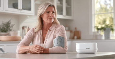 Femme de 50 ans utilisant le tensiomètre OMRON X2 Basic chez elle pour mesurer sa tension artérielle, mettant en avant la praticité et la simplicité d'utilisation de cet appareil.