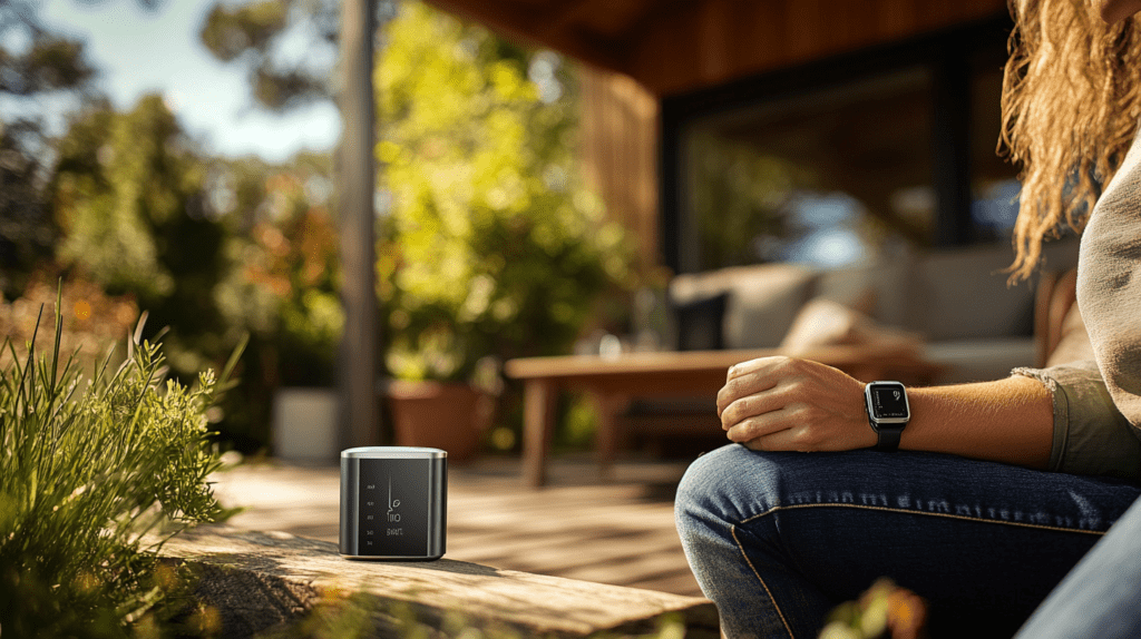 Homme dans la quarantaine mesurant sa tension artérielle avec un Beurer BC 27 sur un patio.