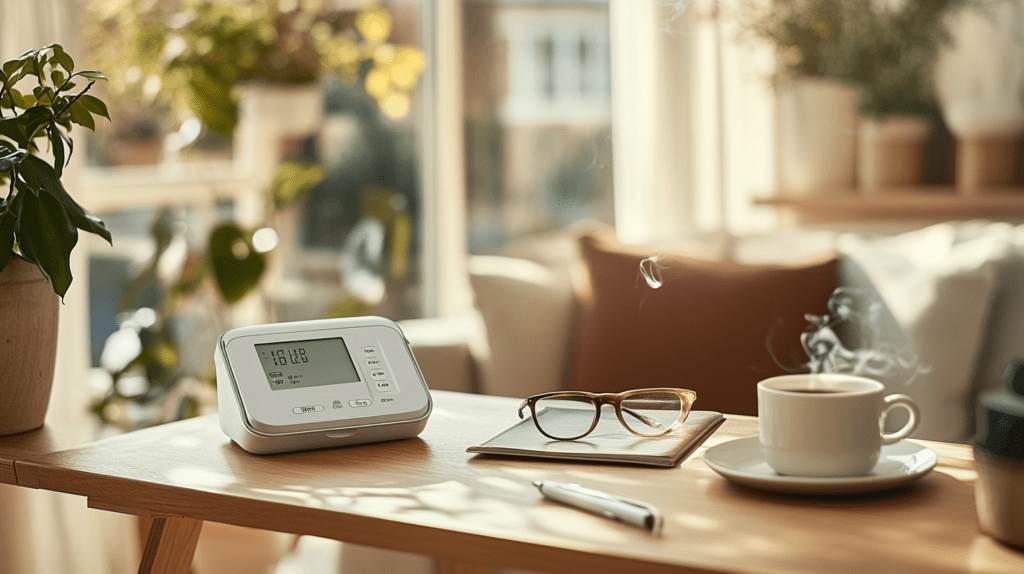 Un tensiomètre Braun ExactFit 3 Tensiomètre de bras entouré d’objets de bureau dans un cadre lumineux et naturel.