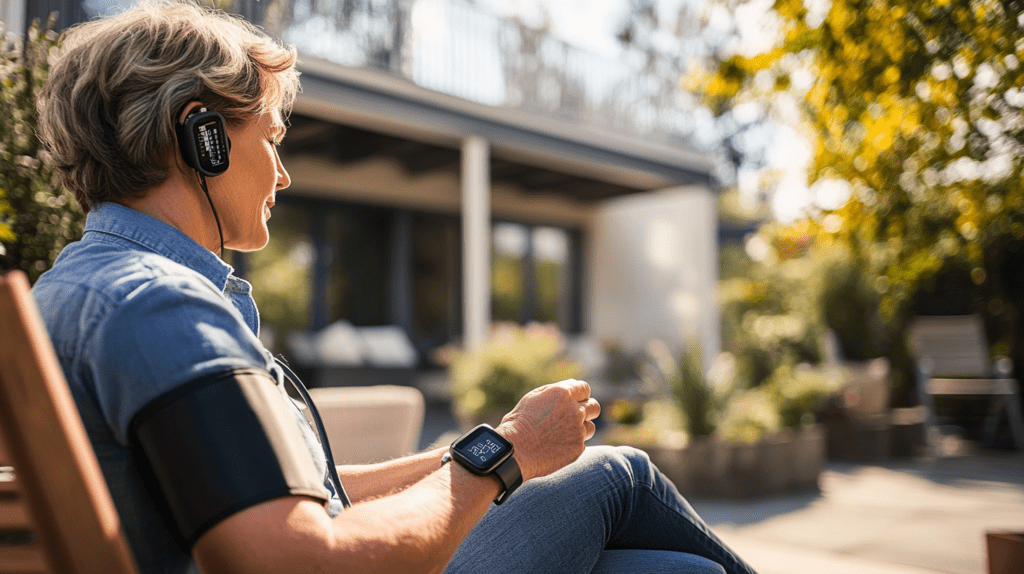 Personne utilisant le tensiomètre Beurer BC 27 sur son patio extérieur, mesurant sa tension artérielle.