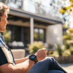 Personne utilisant le tensiomètre Beurer BC 27 sur son patio extérieur, mesurant sa tension artérielle.