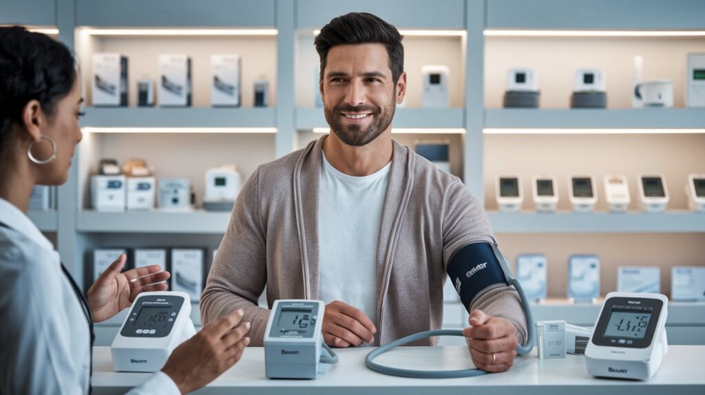 Un homme barbu élégant examine le meilleur tensiomètre Beurer dans une boutique spécialisée.