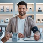 Un homme barbu élégant examine le meilleur tensiomètre Beurer dans une boutique spécialisée.